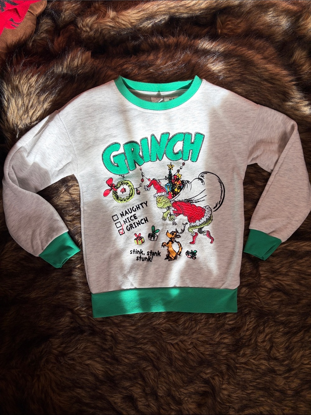 Dr. Seuss Grinch Graphic Embroidered Christmas Fleece Pullover Sweatshirt Gray 8